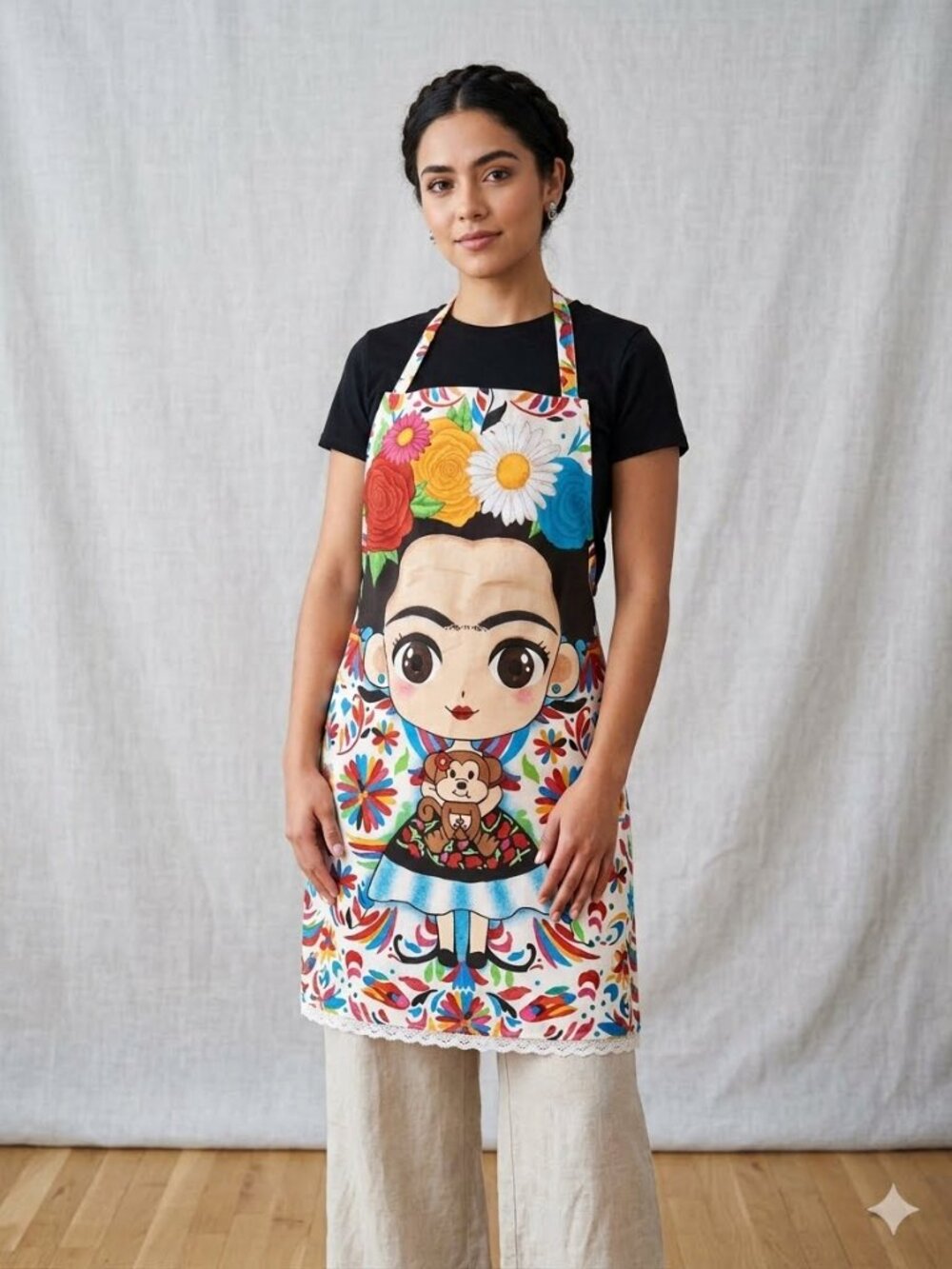 Frida Kahlo Cartoon Mexican Mandil Apron - Colorful Floral Boho